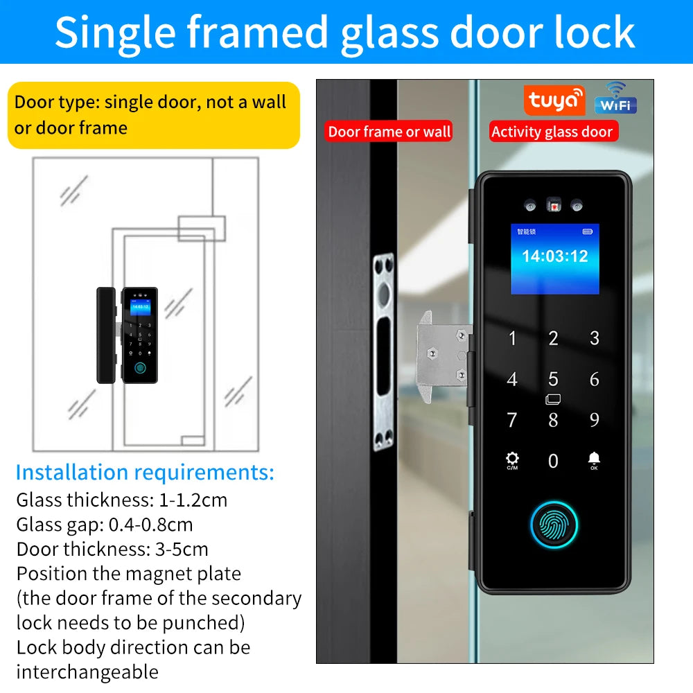 3D Face Tuya Wifi Electronic Smart Glass Door Lock With Biometric Fingerprint/RFID Card /Password Unlock/USB Emergency Charge