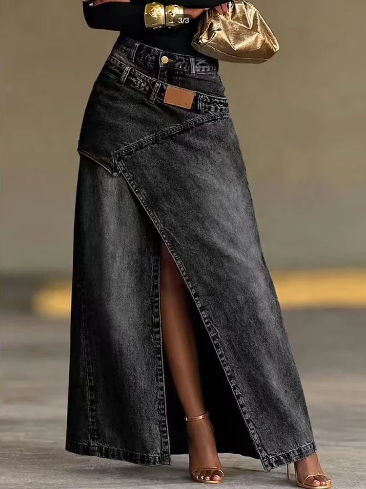 2026 New Irregular Split Denim Skirt Women Fashion Loose Double Waist Stitch Design A-Line Long Skirt Casual Street Jean Skirts