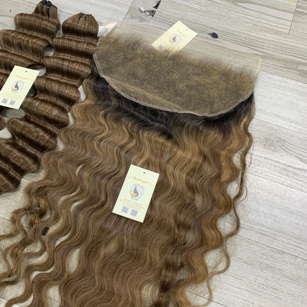 Premium Small Knots on Ombre Highlight 13x6 HD Frontal with bleached knots Raw Vietnamese Hair Swiss HD Lace