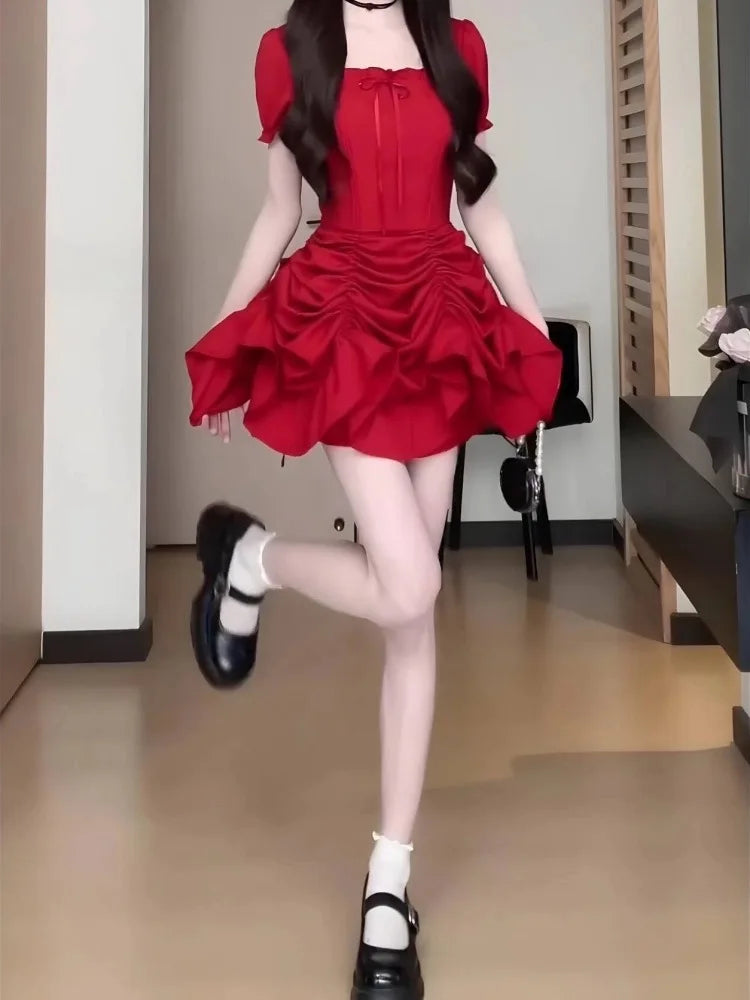 Sweet Pure Desire ort Skirt Summer Slimming Waistline Red Square Collar Long Dr Women's Faionable Versatile A-Line Dr