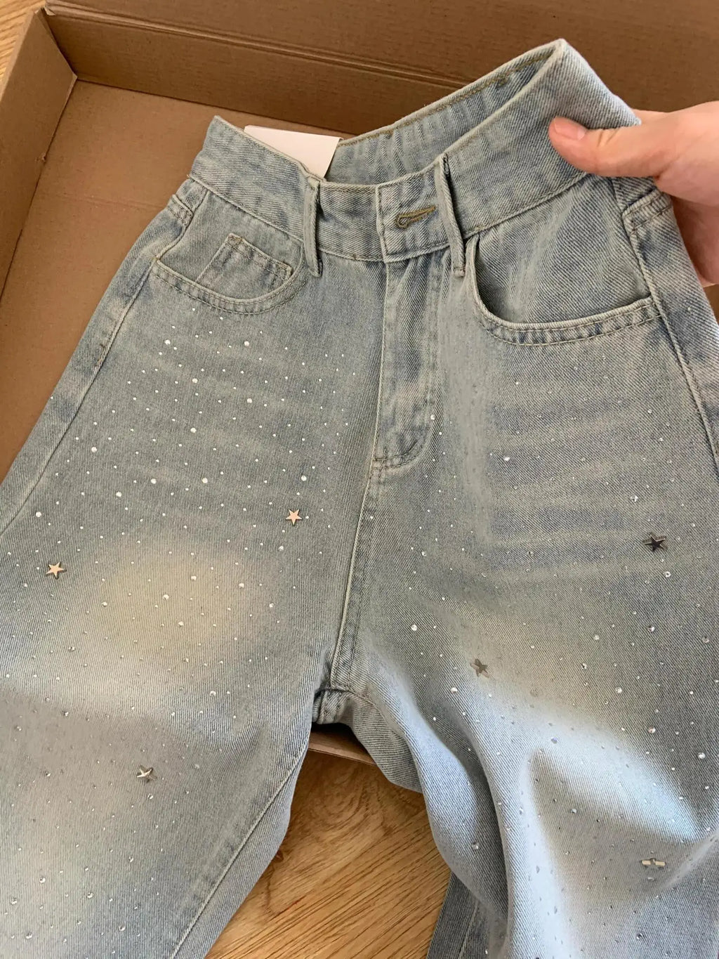 Women's 2025 Autumn New Light Blue Hot-Selling Rhinestone Straight Jeans High Waist Wash Jeans Loose Slimming Wide Leg Trousers