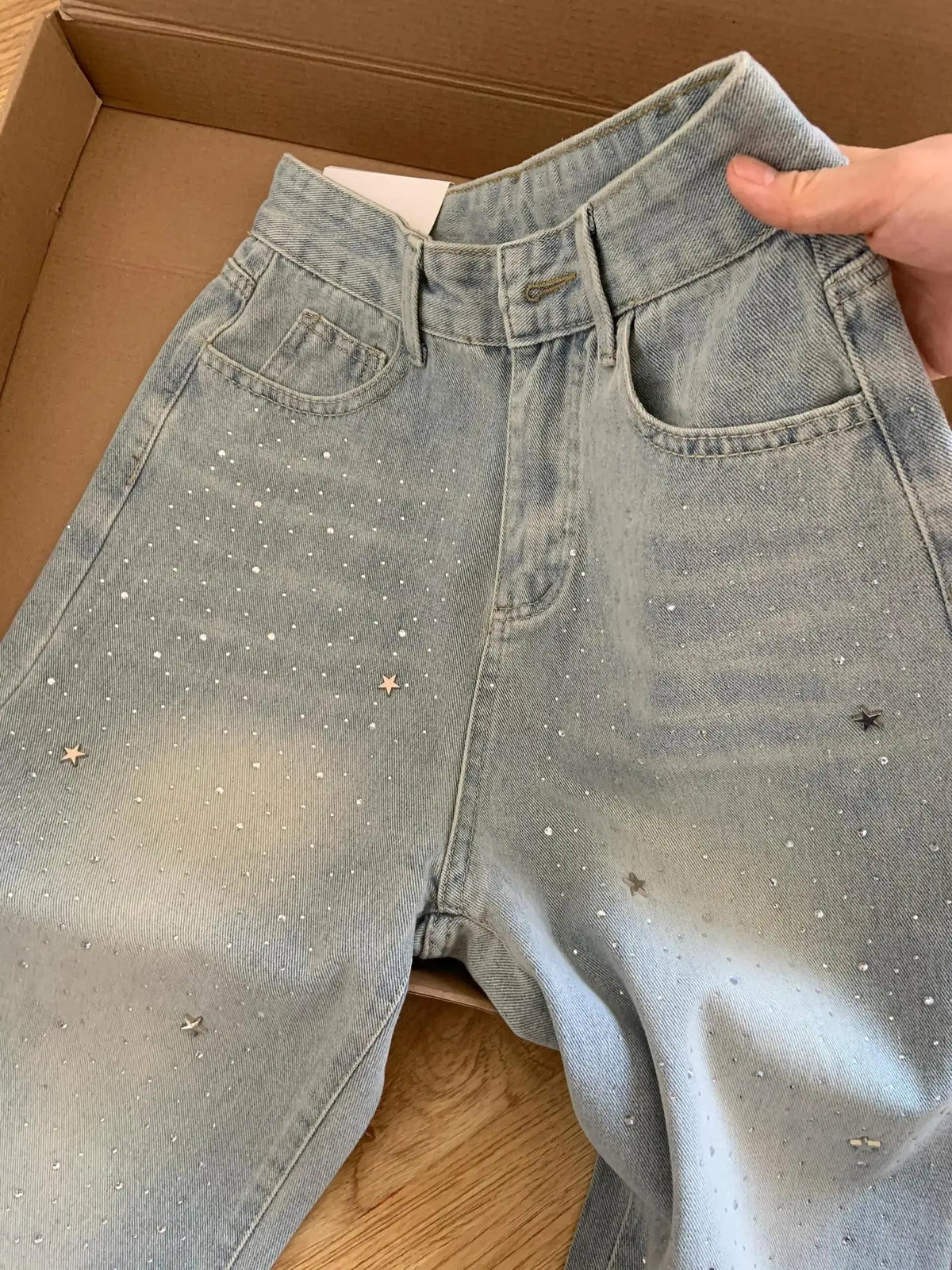 Women's 2025 Autumn New Light Blue Hot-Selling Rhinestone Straight Jeans High Waist Wash Jeans Loose Slimming Wide Leg Trousers