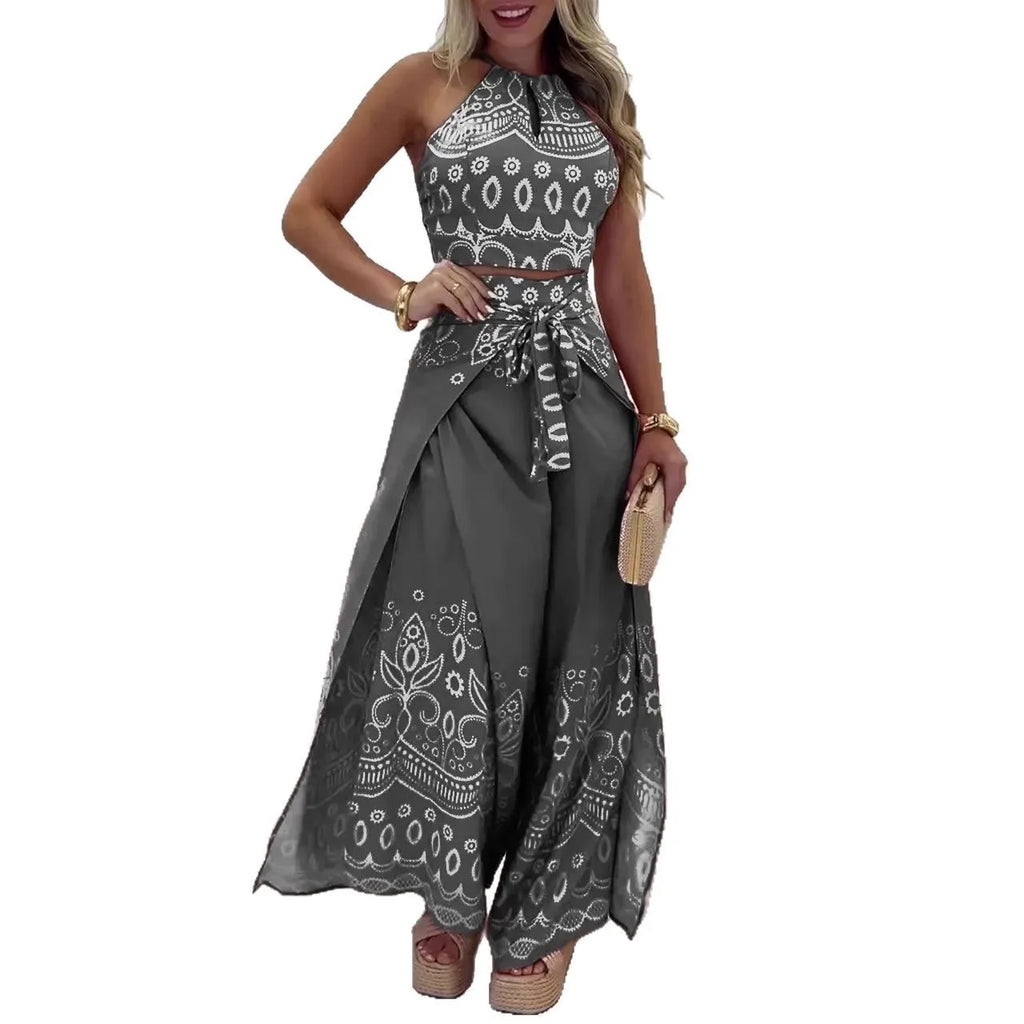 Women's Printed Sleeveless Top And Wide Leg Pants Two Piece Set Slimming Comfort Versatile Vacation Commute Ethnic Style Outfit