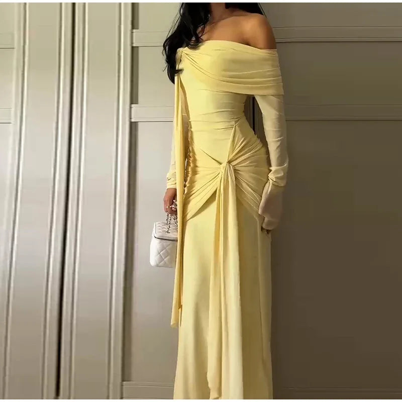 Elegant Solid Lace Up Dress Women's Off The Shoulder Long Sleeve Draped Dresses 2026 Spring New Female Chic Party Robes ﻿