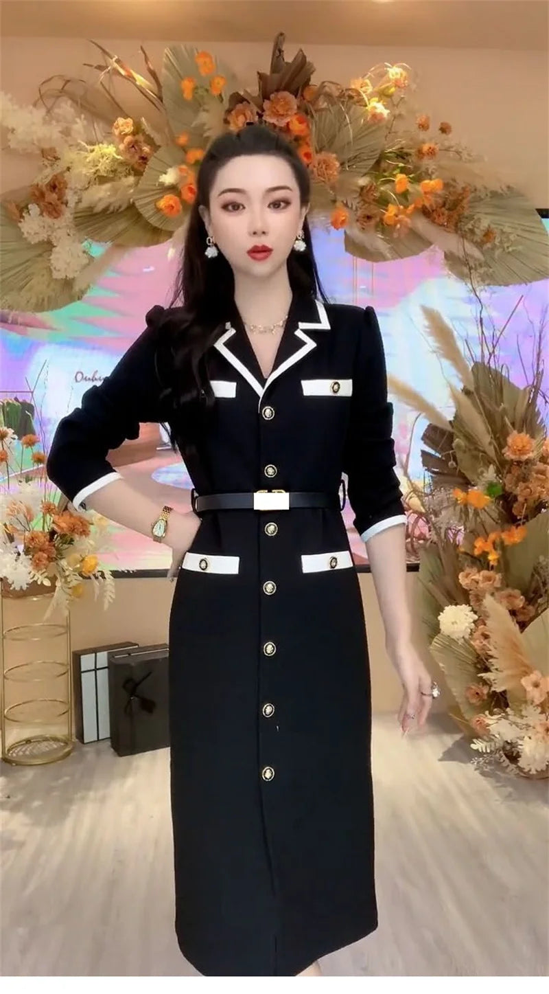 Women Fashionable New Button Decoration Small Fragrant Autumn Long Sleeve Dress Light Luxury High Waist Thin Mid length Dress
