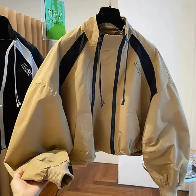 Color-Blocked Loose Casual Stand Up Collar Trench Coat Women's Spring Autumn Patchwork Short Jacket Double Zipper Outwear