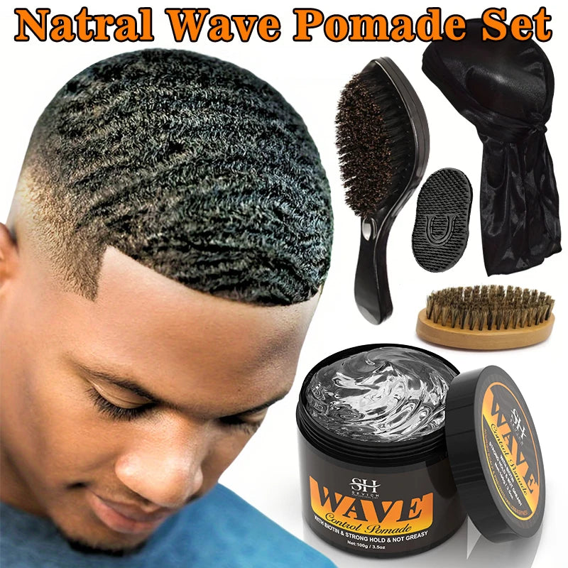 100g Waves Control Pomade Set 360 Wavy Hair Oil With Brush Natural Silky Shine Style Sport Waves Cream For African Black Men