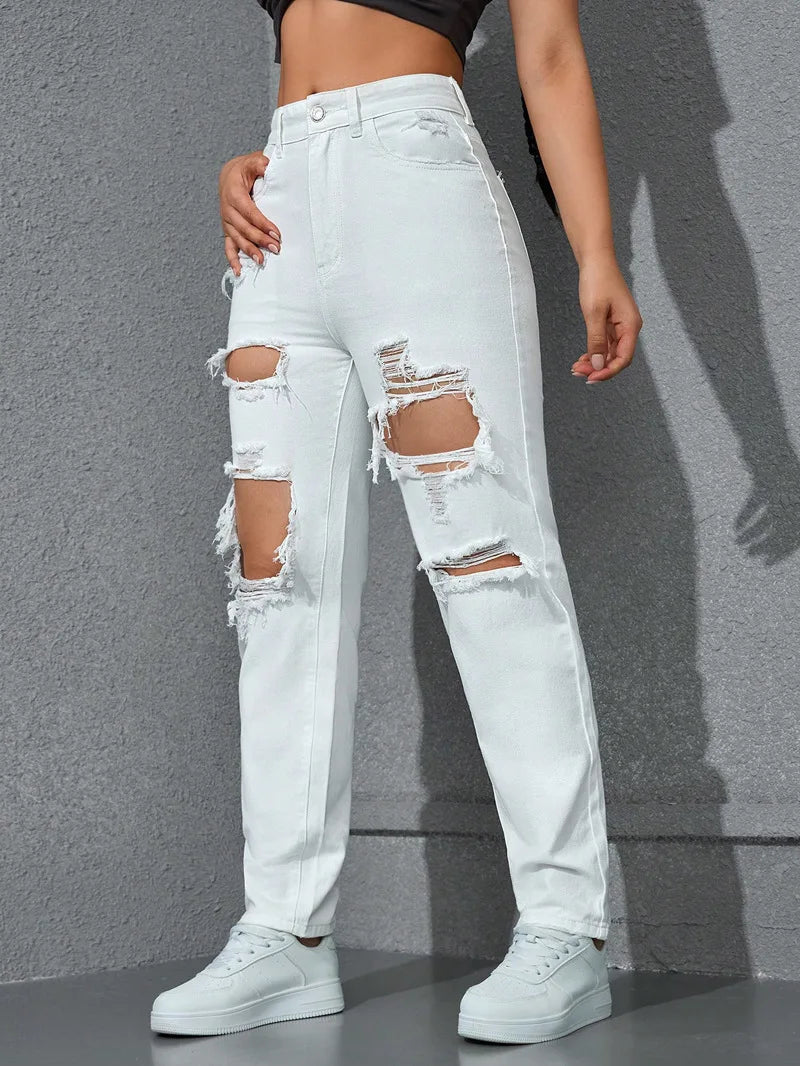 Women's High Waist Ripped Denim Jeans with Distressed Knee Holes and Straight Leg Fit for Casual Streetwear Fashion