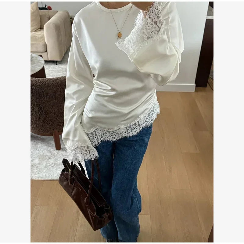 Elegant Satin Lace Patchwork Top Women Casual O-neck Loose Long Sleeves Strappy Female Shirt 2026 Spring Lady Fashion T-shirt