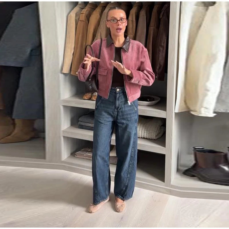 Women Dusty Faux Suede Bomber Jacket Stand Collar Zip Up Loose Drop Shoulder Elastic Hem Casual Fall Outerwear 2026 Fashion Coat