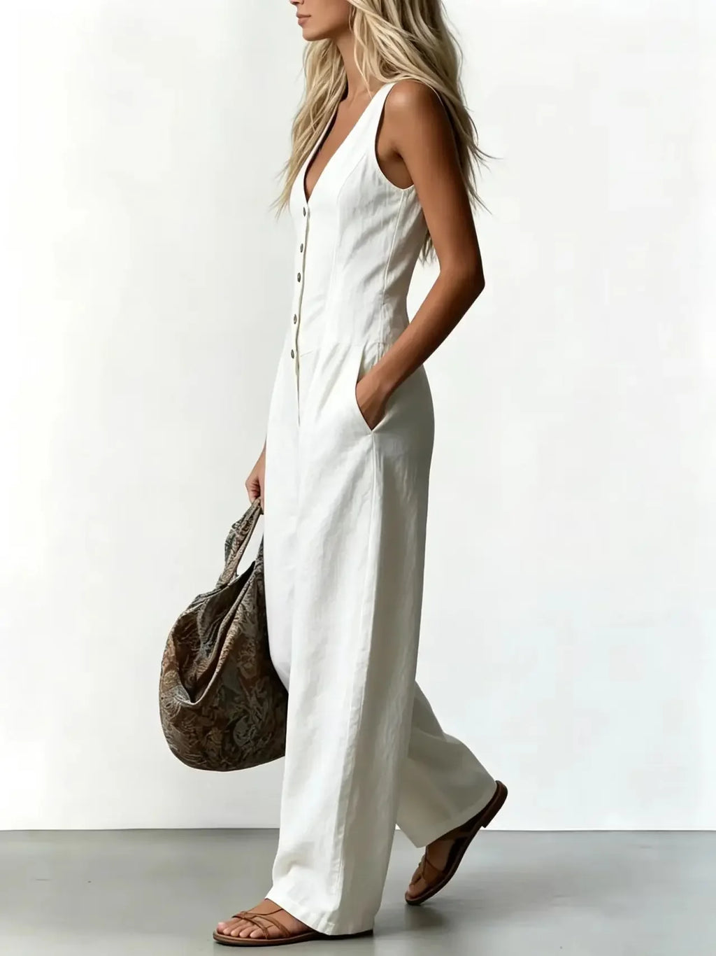 Women V Neck Spaghetti Strap Jumpsuit High Waist Pleated Wide Leg Long Pants with Pockets Casual Vacation Solid Overalls