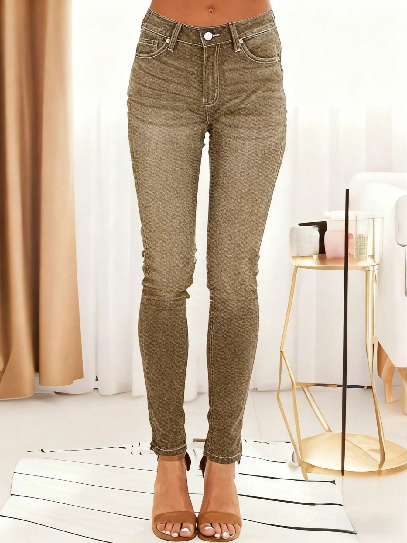 Women's Fashionable Elegant Casual Versatile Washed Cat's Whisker Pattern Skinny Fit Denim Jeans for Daily Wear