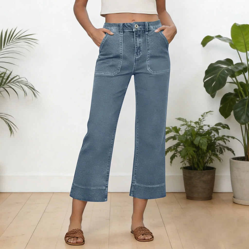Wide Leg Jeans With Front Pockets For Women Cropped Micro Cut Pants High Waisted Patch Pocket Straight Leg Jeans Summer Pants