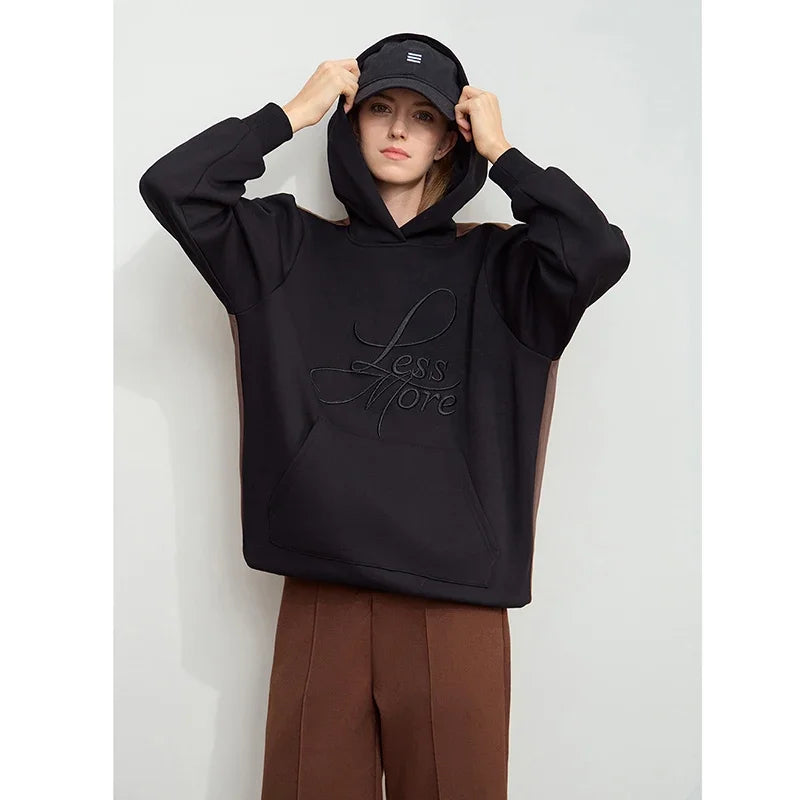 Amii 2024 Winter Clothes Women Long-sleeved Color Matching Embroidery Pocket Fleece Hooded Sweater Loose Casual Tops 12444202