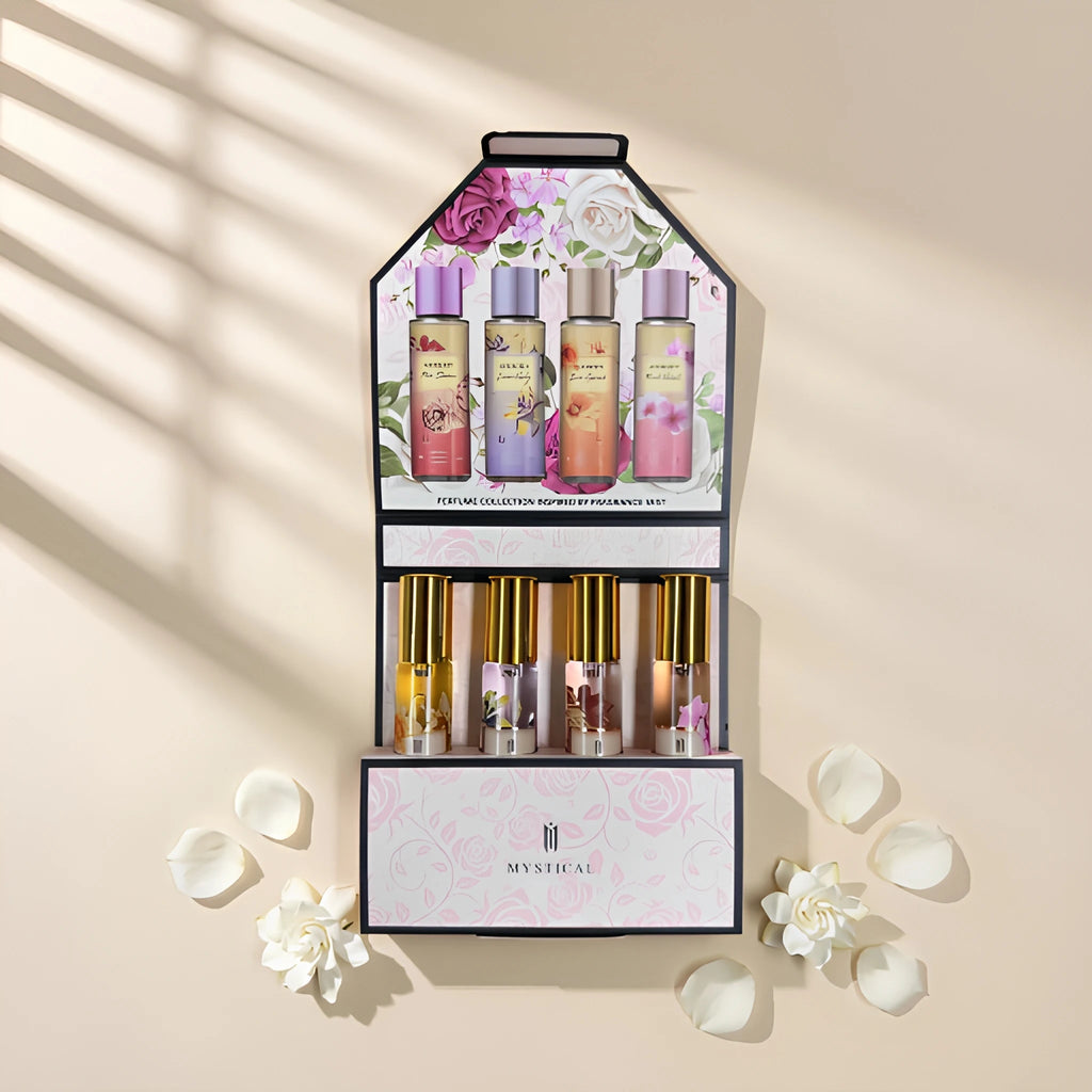 MYSTICAL 4pcs Satin Bloom Perfume Variety Gift Set, Long Lasting EDP Fragrance Selection for Garden Brunch, Weddings & Parties, Sweet Cherry, Damascus Rose & Gardenia, 0.68oz X 4 Portable Sprays, Luxury Beauty Fragrance Wardr