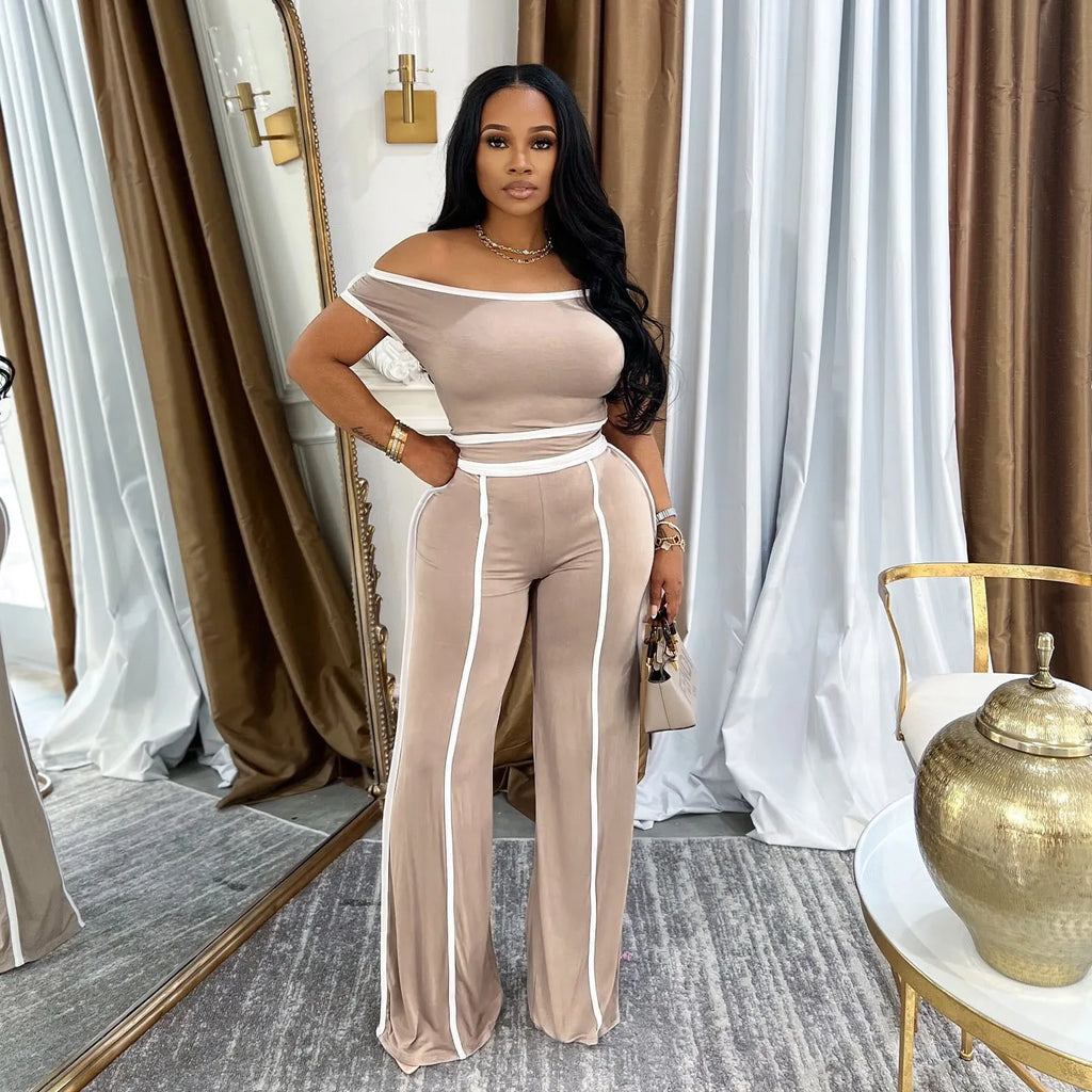 Casual Women's Solid Color Set with Diagonal Shoulders and Wide Legs, Two Piece Set, Summer 2025