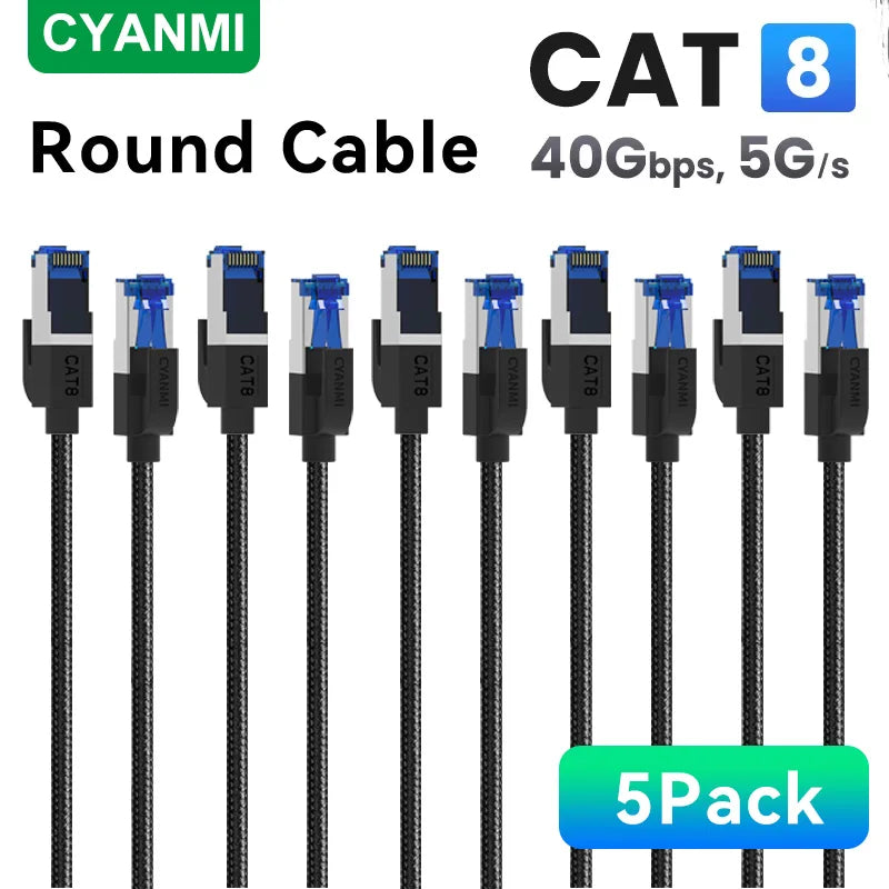 CYANMI Cat 8 Ethernet Cable 2000MHz 40Gbps High-Speed Nylon Braided RJ45 Network LAN Patch Cord for Indoor And Outdoor Use