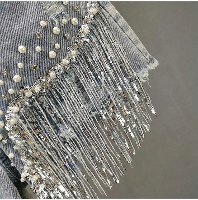 Denim Shorts Women's 2025 Summer Clothes New European High Waist Thin Heavy Industry Beaded Sequined Fringed Broken Copper Jeans
