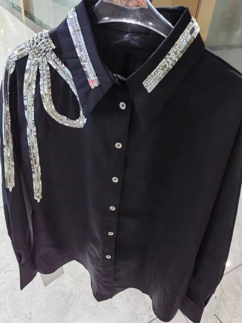 Luxury Brand Design Sequins Embroidery Cotton Blouses Shirts Women for 2025 Autumn Trend Long Sleeve Blue Tops Woman Clothes