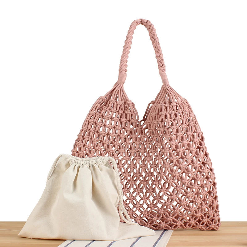 Hollow Crochet Mesh Woven Shoulder Bag With Inner Pocket,Women Solid Color Handbag,Summer Work Beach Vacation Commuting Tote Bag