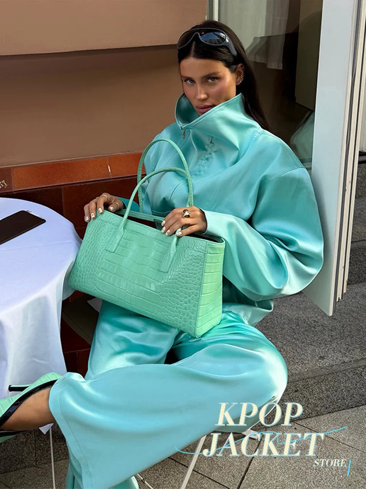 Women Satin Stand Collar Loose Jacket 2 Piece Set Long Sleeve Zip Coat Elastic Waist Pants Matching Co Ord 2026 Casual Outfits
