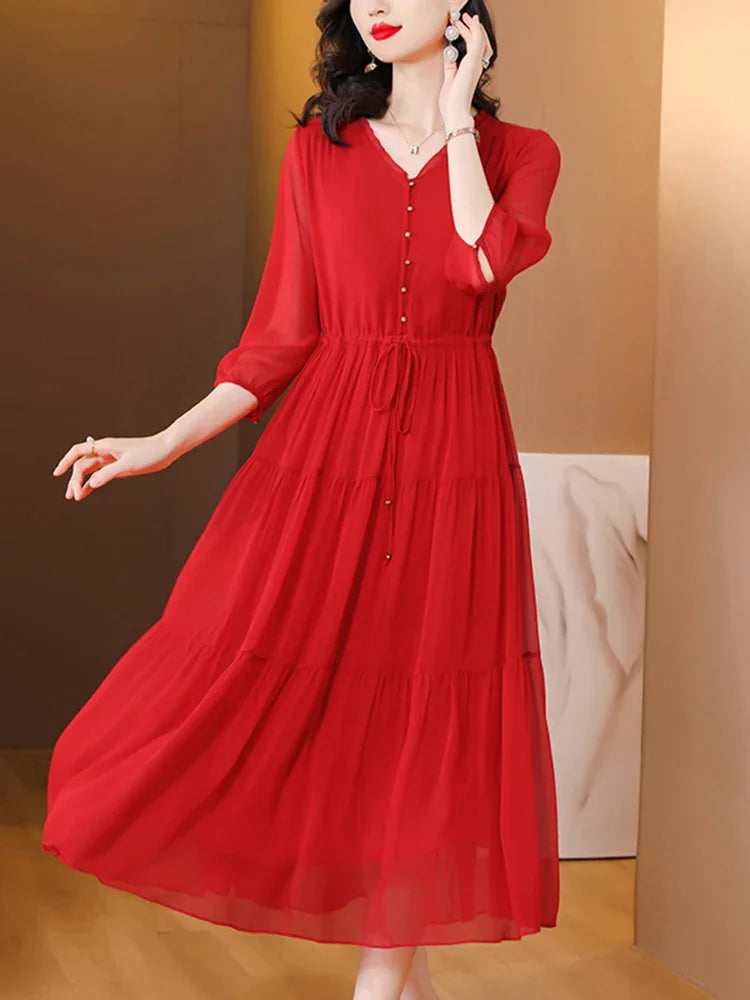 Summer New Silk Red Vintage Loose Midi Women Elegant Bodycon Evening Dress Bandage Casual Holiday Party Pretty Dress XQ295