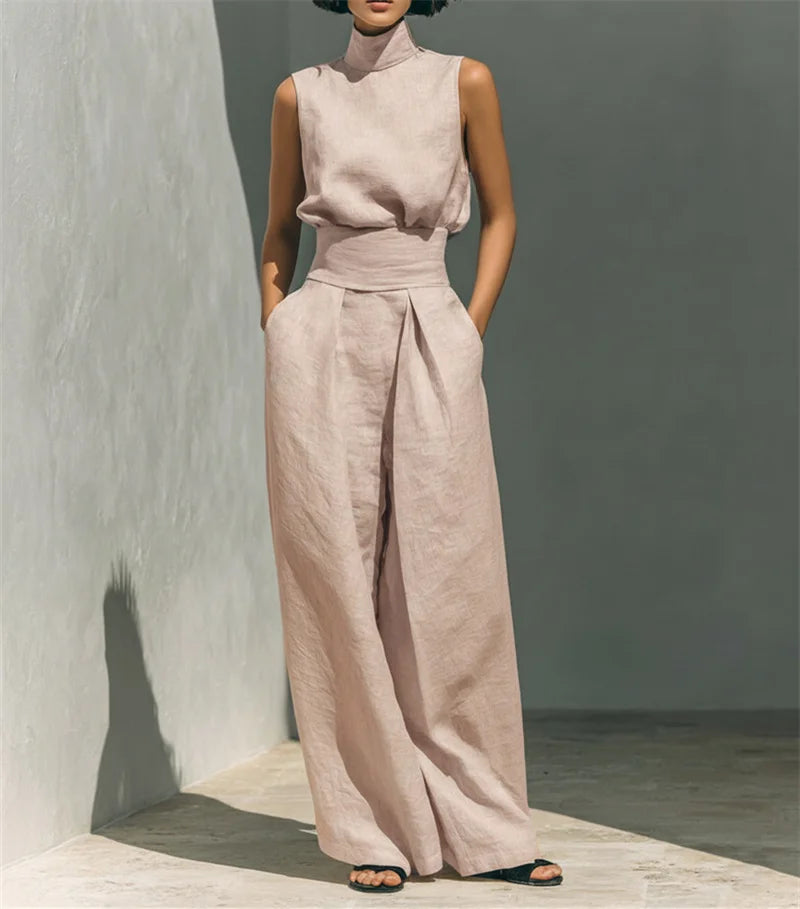 Women Summer Fashion Casual Loose Solid Suit Cotton Linen Set Sleeveless Tops Wide Leg Pants Office Ladies 2 Piece Sets 2026