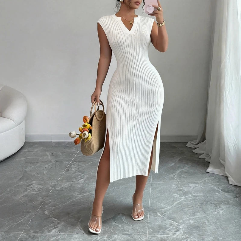 Women's White V-Neck Sleeveless Elastic Sundress Knit Bodycon Maxi Dress Solid Side Slit Casual Summer Daily Party Long Dress