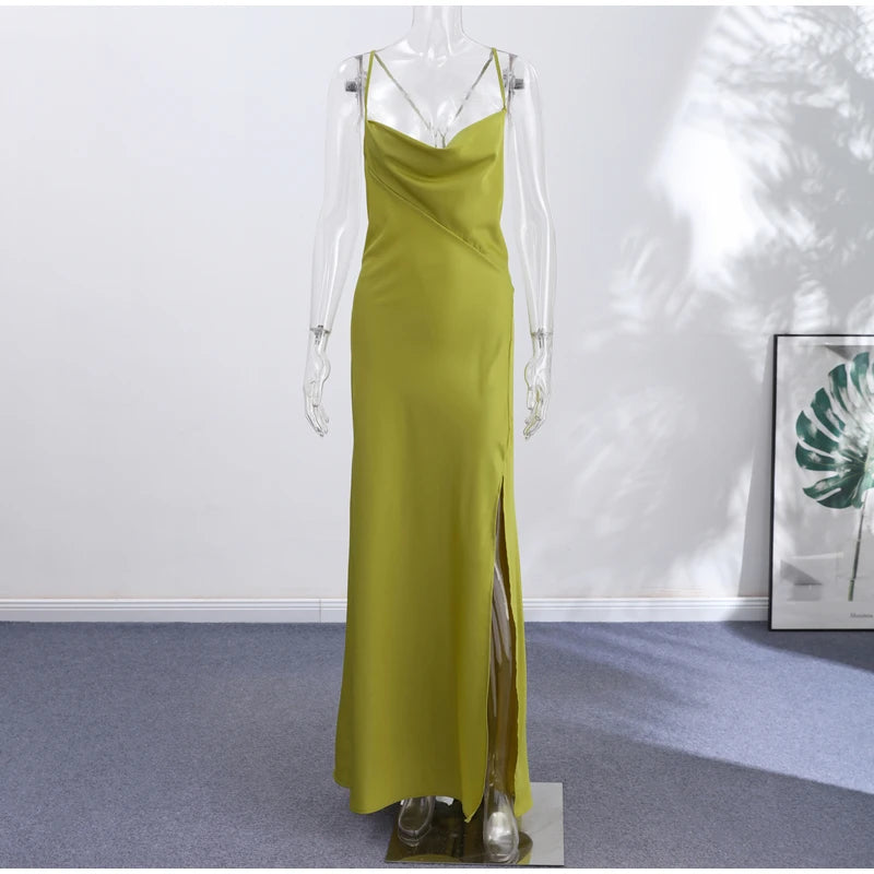 Backless Satin Long Sling Dress Women V Neck Sleeveless Slit Solid Sexy Party Dresses 2026 Summer Lady Vacation Evening Robes