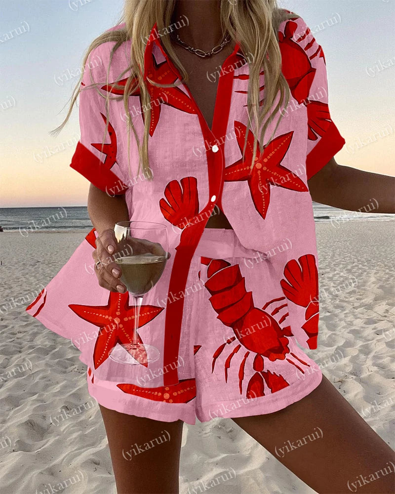 Summer Fashion Colorful Printed Blouse Shorts Two Pieces Sets Women Lapel Short Sleeve Button Shirt Suit Beach Holiday Outfits