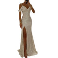 Women Sequin Suspender Dress Off Shoulder V Neck Side Slit Evening Dress Floor Length Sequin Ball Gown Banquet Maxi Dress 80%
