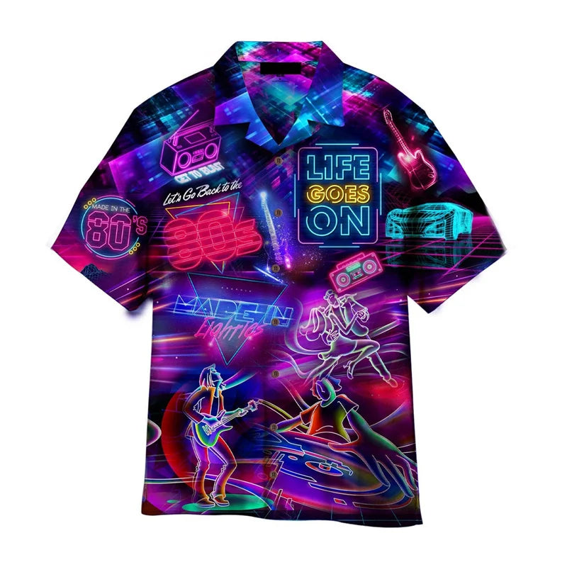 Hawaiian Shirts For Men 3D Printed Colorful Music Cool 80s Patterns Blouse Summer Vacation Short Sleeves Tops Loose Aloha Shirts