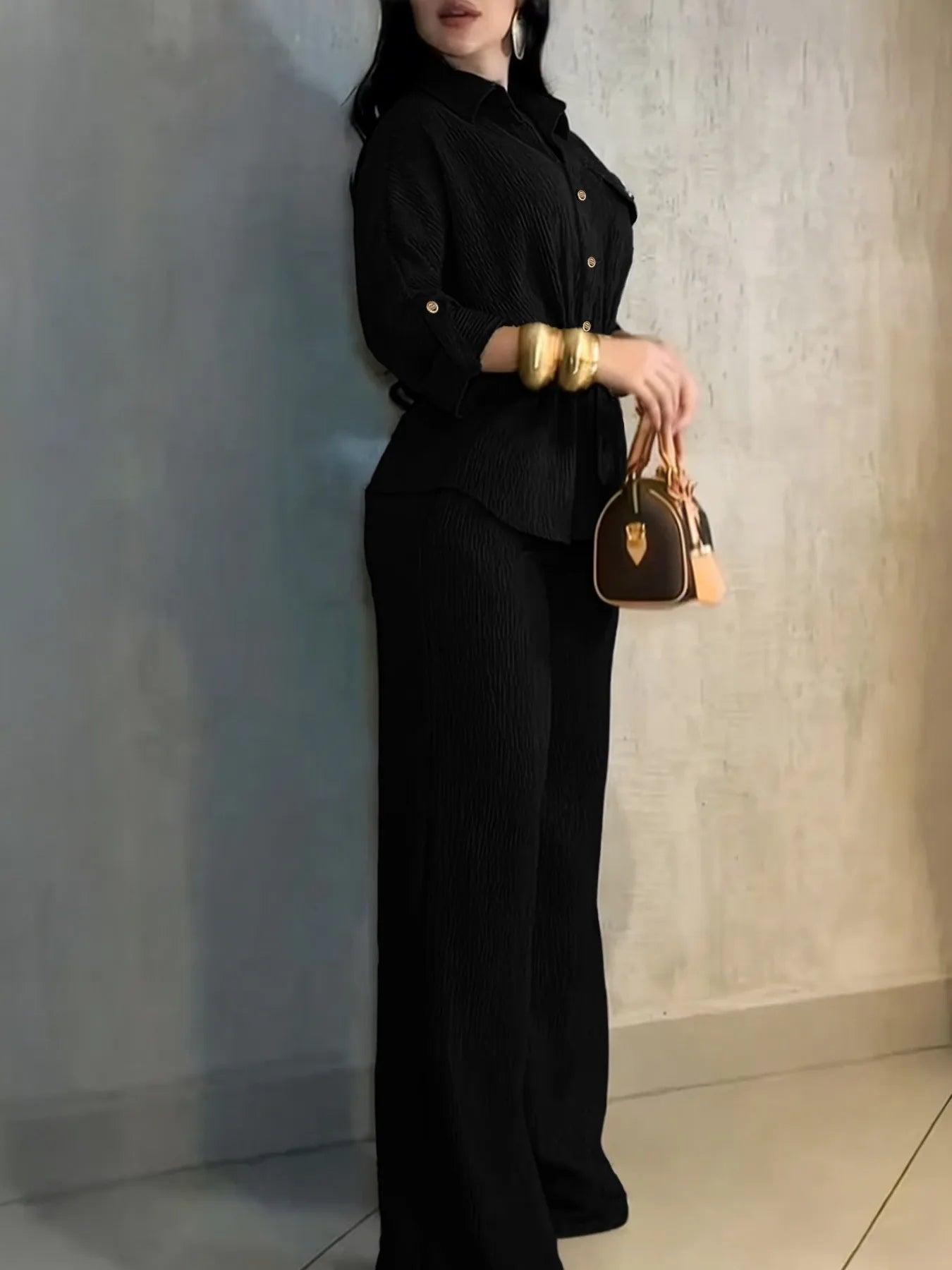 Women's Two Piece Set Lapel Long Sleeve Drawstring Waist Shirt High Waist Loose Wide Leg Trousers Casual Daily Matching Outfit