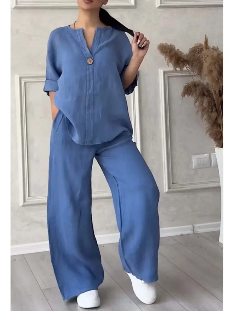 Fashion O Neck Long Sleeve Cotton Linen Shirt Suit Women Spring Autumn Casual Solid Color Pocket Pants Female Office 2 Piece Set