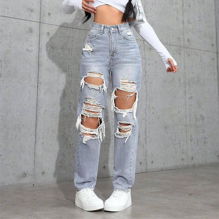 Women's Distressed Straight Leg Jeans Ripped Hole Denim Pants Casual Loose High Waist Street Style Trousers