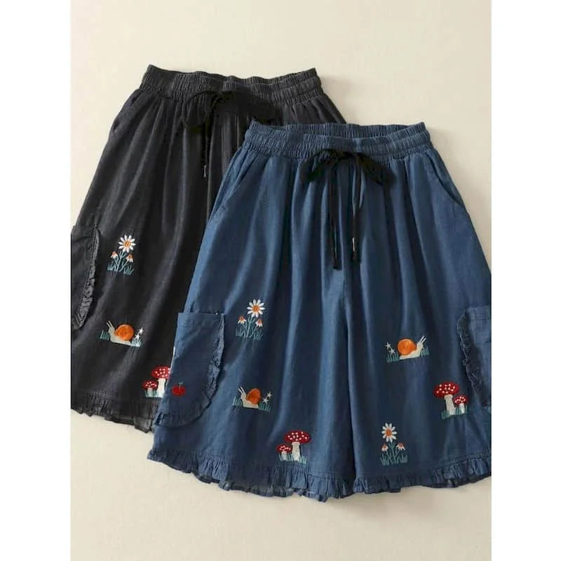 Denim Shorts Women Summer Wear Vintage Drawstring Elastic Waist Ruffle Wide Leg Pants Casual Loose Jean Shorts Women Clothing
