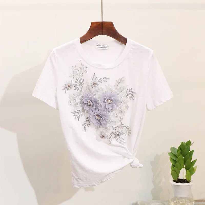 Two-Piece Suit 2025 Summer New Women Denim Pants Beading Embroidery Tshirt Tops+ High Waist Hole Jeans Female Casual Outfits