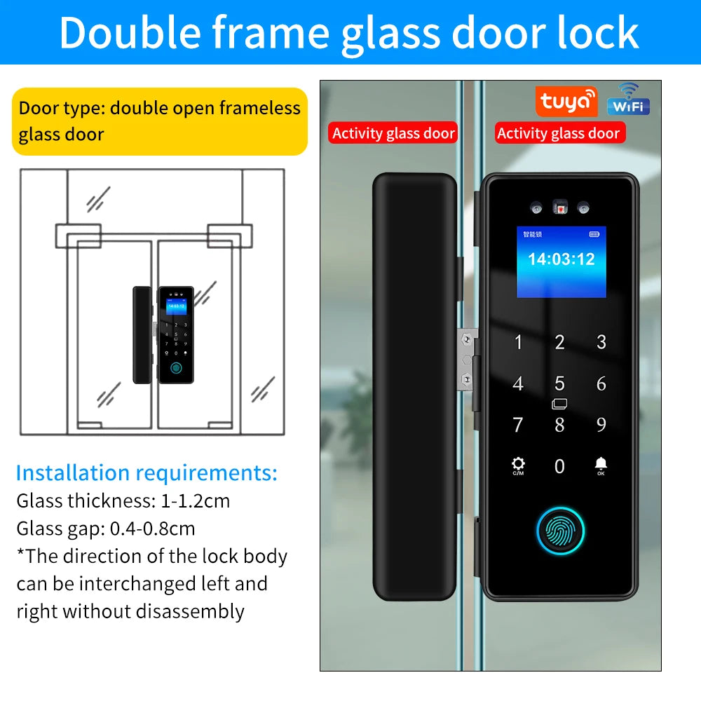 3D Face Tuya Wifi Electronic Smart Glass Door Lock With Biometric Fingerprint/RFID Card /Password Unlock/USB Emergency Charge