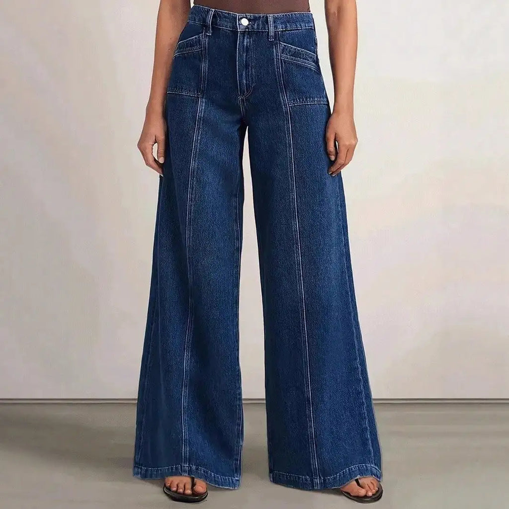 Women’s Wide-Leg Jeans – Deep Blue Garment-Washed Denim