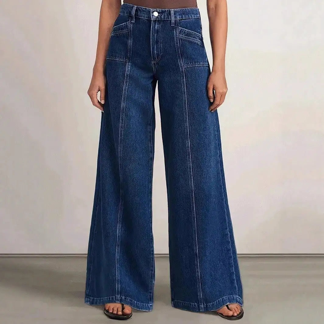 Women’s Wide-Leg Jeans – Deep Blue Garment-Washed Denim