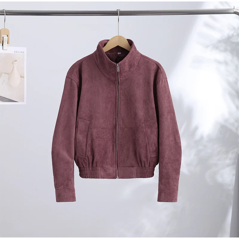 Women Dusty Faux Suede Bomber Jacket Stand Collar Zip Up Loose Drop Shoulder Elastic Hem Casual Fall Outerwear 2026 Fashion Coat