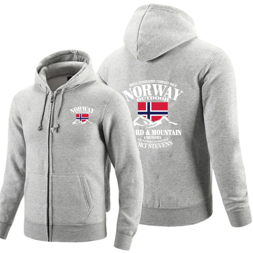2025 New Spring And Autumn Norway Flag Fjord Mountain Men's Solid Color Zipper Pullover Warm Long-sleeved Comfortable Caot