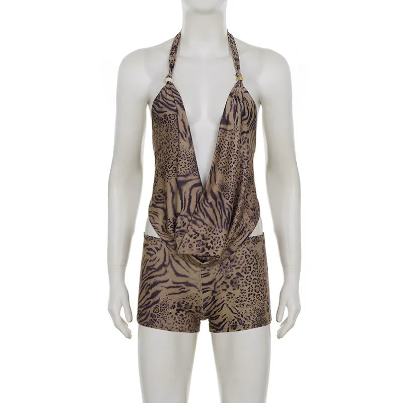 Women's Brown Sexy Vintage Fashion Off-shoulder Deep V Leopard Print Set Halter Cami + Low Waist Shorts Two-piece Outfit Summer