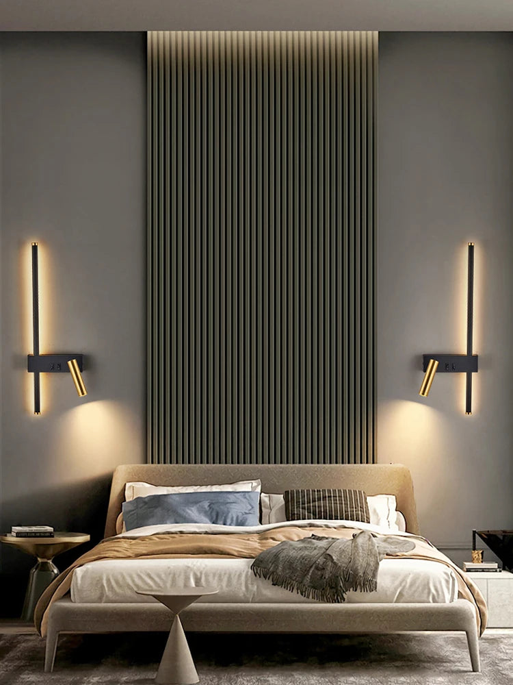 New Reading With Switch Minimalist Wall Lamps Bedroom Bedside Strip Lights Nordic 2023 Master Bedroom Line Background Wall Lamps
