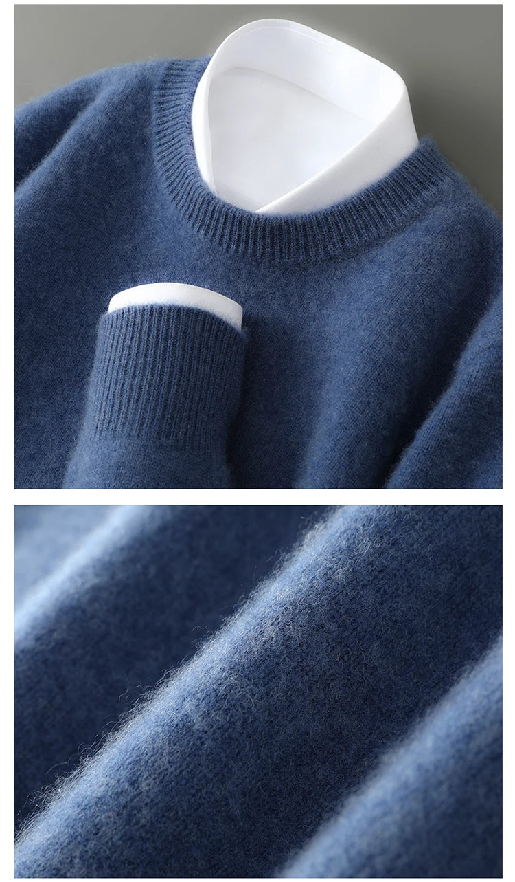 100% Australian Wool Knitted Men's O-Neck Sweater, Casual Business, Spring and Autumn Men's Long-Sleeved Pullover New Sweater