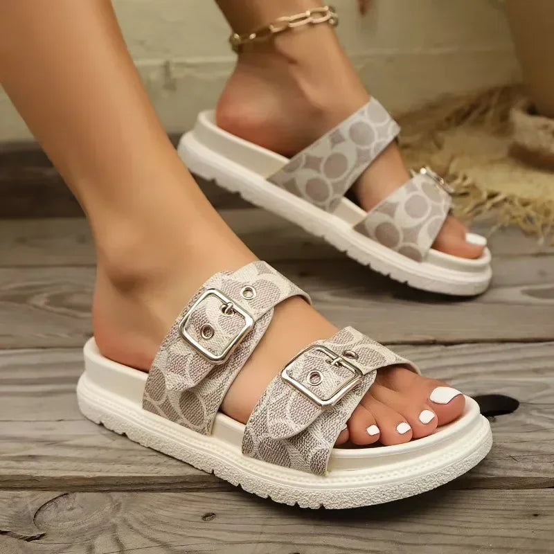 2025 Summer New Women's Sandals Fashion Couple Flat Slippers Adjustable Buckle Platform Sandals Casual Outdoor Beach Slippers