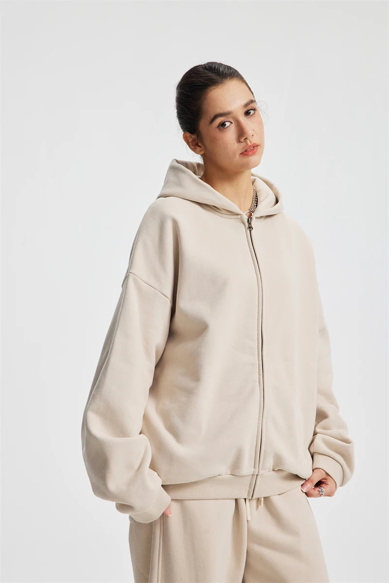 ZODF Trendy Winter Man Warm 430gsm Fleece Zipper Hoodies Unisex Solid Loose Zip-Up Hooded Coats Brand Outfit HY1130