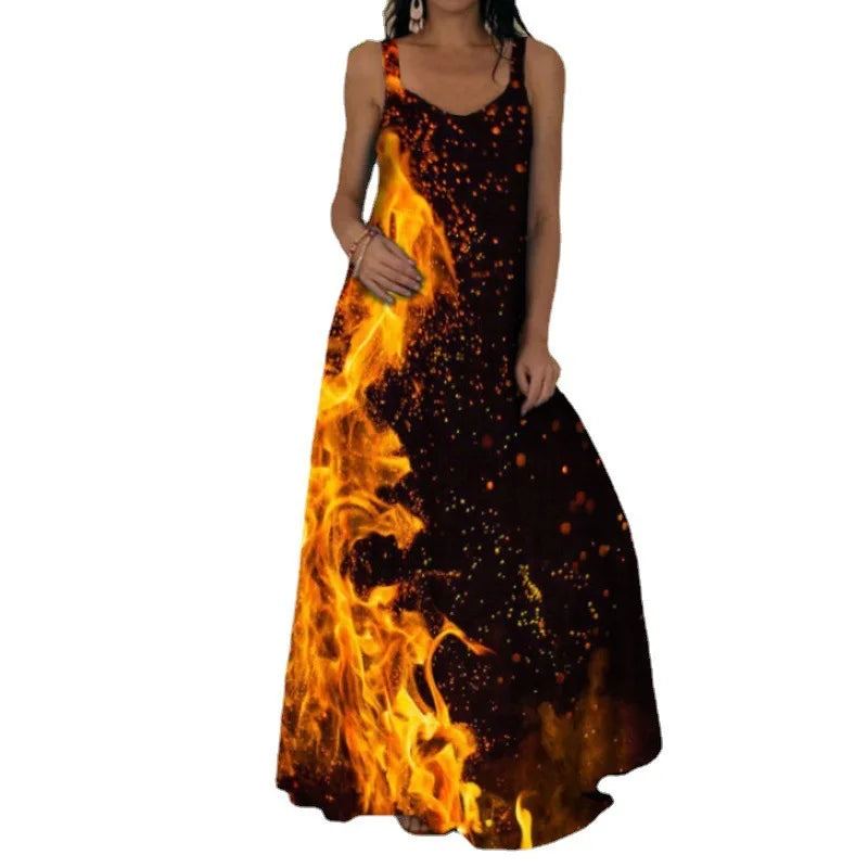 Women's Fashionable Flame Printed Sleeveless Dress  Summer Casual Printed Long Dress