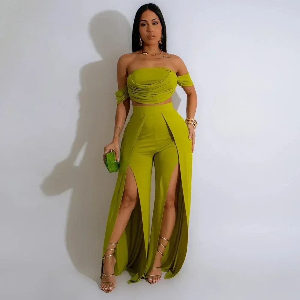 Women's Set Short Sleeve Slash Neck Ruched Tops and Wide Leg split Pants 2025 Street Two 2 Piece Sets Outfit Tracksuits