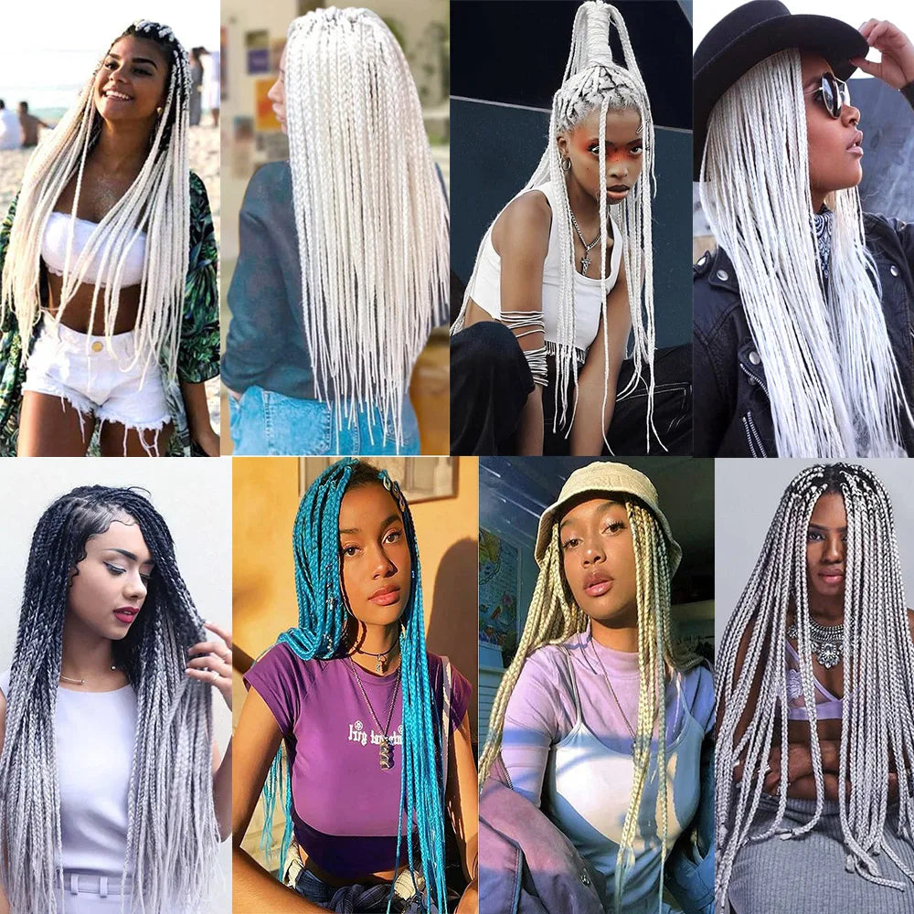 White 3X Box Braids Synthetic Crochet Hair 24Inch Crochet Braiding Hair Extensions Goddess Silver Blonde Braid Pre Looped Hair